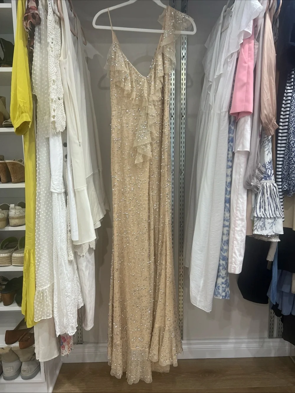 Mac Duggal Champagne Sequin Ruffle Slip